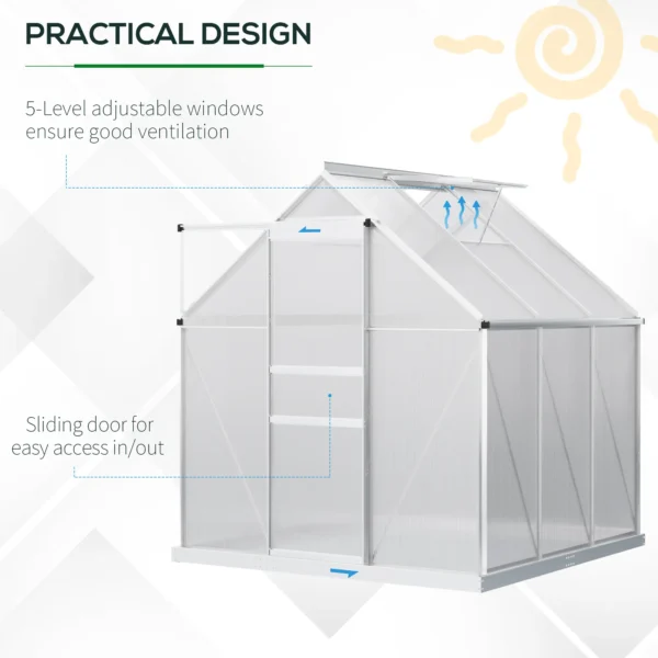 Outsunny 6ft x 6ft Polycarbonate Greenhouse - Silver - Image 4