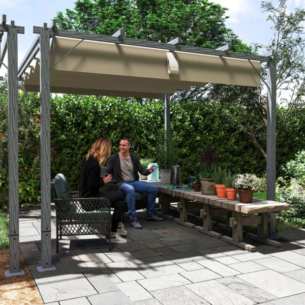 OutSunny 10’x10′ Metal Retractable Roof Pergola - Grey Woodlook - Image 2