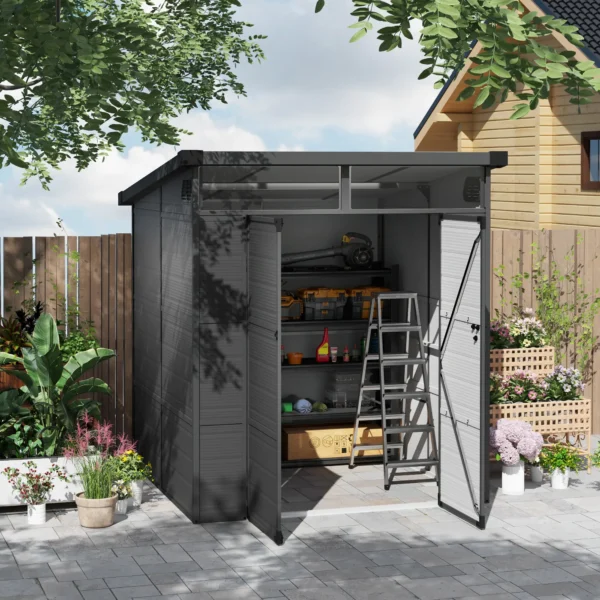 Outsunny 6x6 Plastic Pent Shed with Skylight - Dark Grey - Image 4