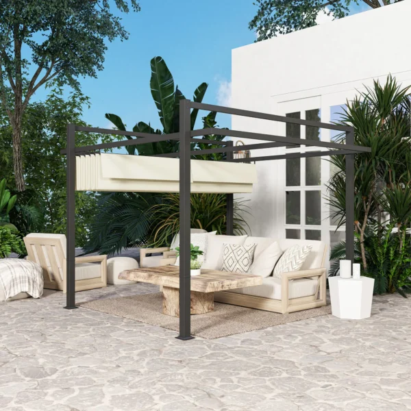 OutSunny 10’x10′ Aluminium High Pergola with Retractable Roof - Grey/Khaki - Image 7