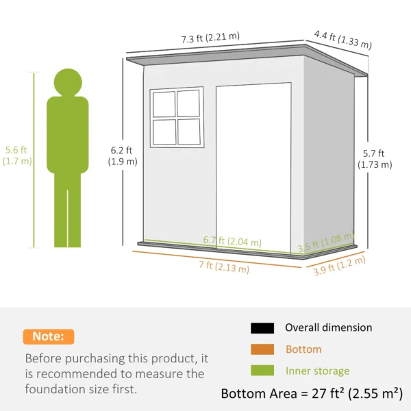 Outsunny 7ft x 4ft Metal Pent Garden Shed with Foundation Grid - Green - Image 6