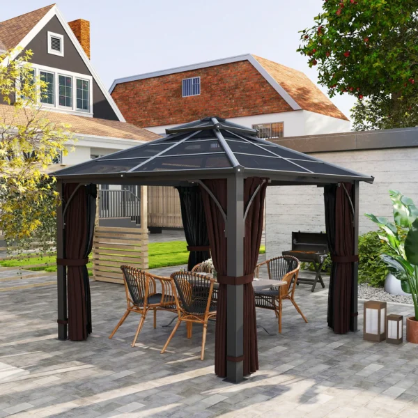 OutSunny 10'x10′ Hardtop Metal Gazebo Canopy with Double Polycarbonate Roof - Brown - Image 7