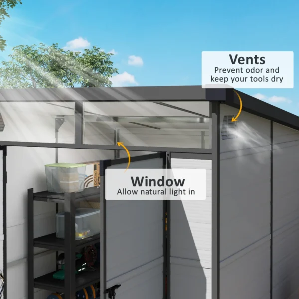 Outsunny 6x6 Plastic Pent Shed with Skylight - Light Grey - Image 5