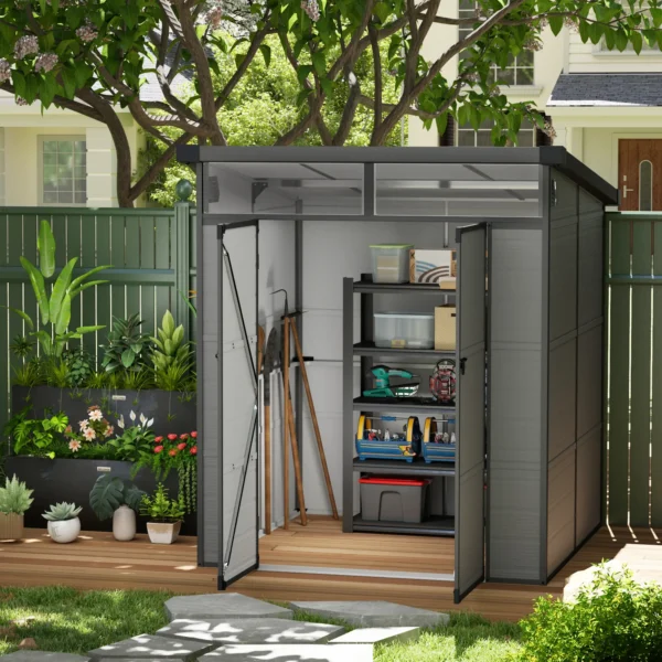 Outsunny 6x6 Plastic Pent Shed with Skylight - Light Grey - Image 9