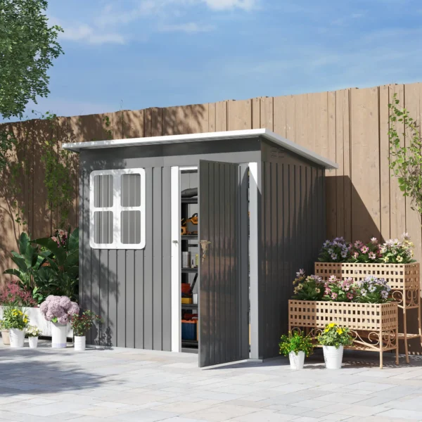 Outsunny 7ft x 4ft Metal Pent Garden Shed with Foundation Grid - Dark Grey - Image 3