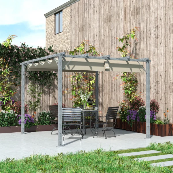 OutSunny 10’x10′ Metal Retractable Roof Pergola - Grey Woodlook - Image 9