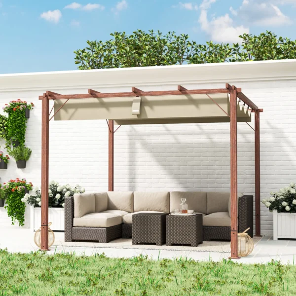 OutSunny 10’x10′ Metal Retractable Roof Pergola - Woodlook