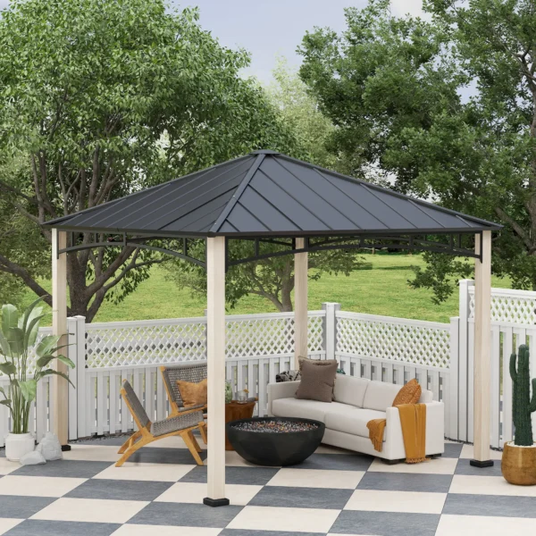 Outsunny 10x10 Hardtop Gazebo with Galvanised Metal Roof - Wood Grain Black - Image 12