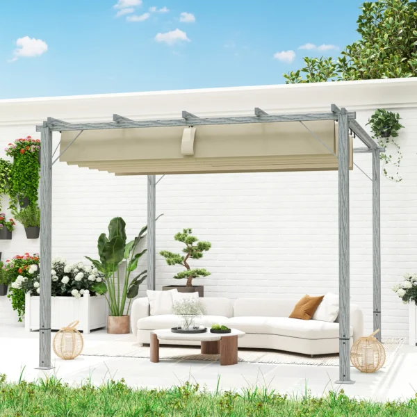 OutSunny 10’x10′ Metal Retractable Roof Pergola - Grey Woodlook - Image 10