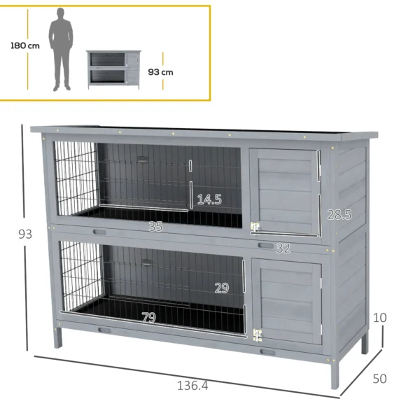 Outsunny PawHut 4ft Double Decker Rabbit Hutch - Grey - Image 9