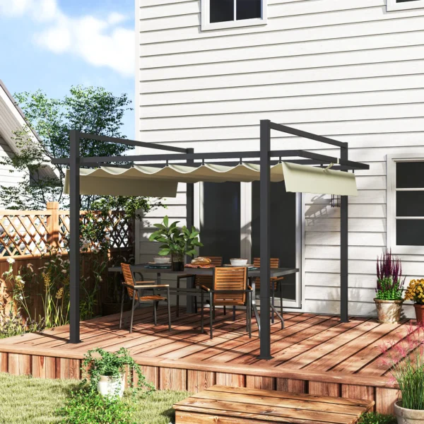 OutSunny 10’x10′ Aluminium High Pergola with Retractable Roof - Grey/Khaki - Image 11