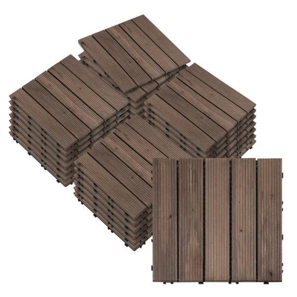 Outsunny Solid Wood Interlocking Decking Tiles  Pack of 27 Dark Brown/Black