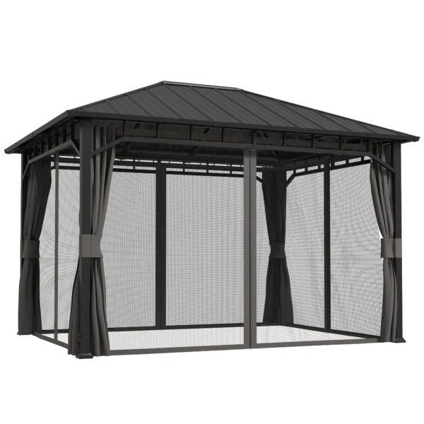 Outsunny 10x13 Hardtop Gazebo with Galvanised Steel Roof and Water Gutter - Dark Grey