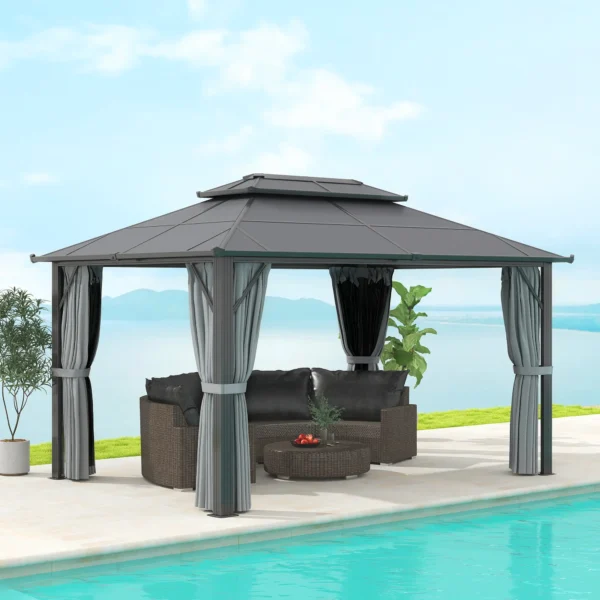 Outsunny 10x13 Hardtop Gazebo with UPF30+ Double Polycarbonate Roof - Grey - Image 4