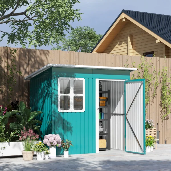 Outsunny 7ft x 4ft Metal Pent Garden Shed with Foundation Grid - Green - Image 2