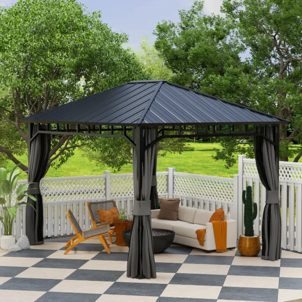 Outsunny 10x13 Hardtop Gazebo with Galvanised Steel Roof and Water Gutter - Dark Grey - Image 4