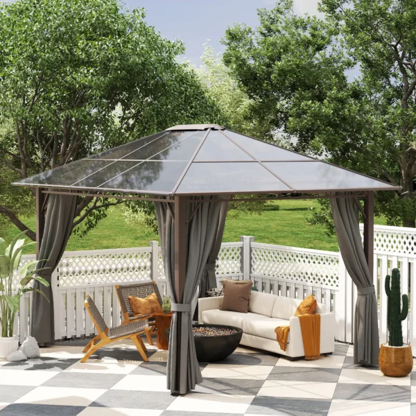 OutSunny 12'x10′ Hardtop Metal Gazebo with Polycarbonate Roof - Dark Grey (Brown) - Image 4