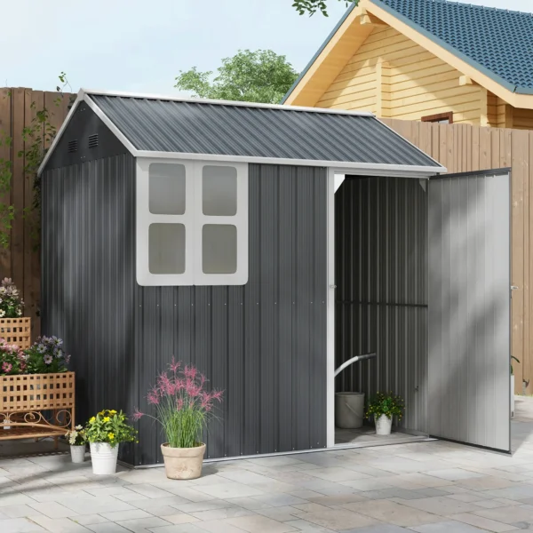 Outsunny 7ft x 6ft Metal Garden Shed with Window - Dark Grey - Image 4