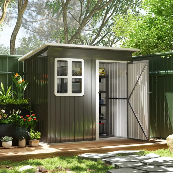 Outsunny 7ft x 4ft Metal Pent Garden Shed with Foundation Grid - Dark Grey - Image 9