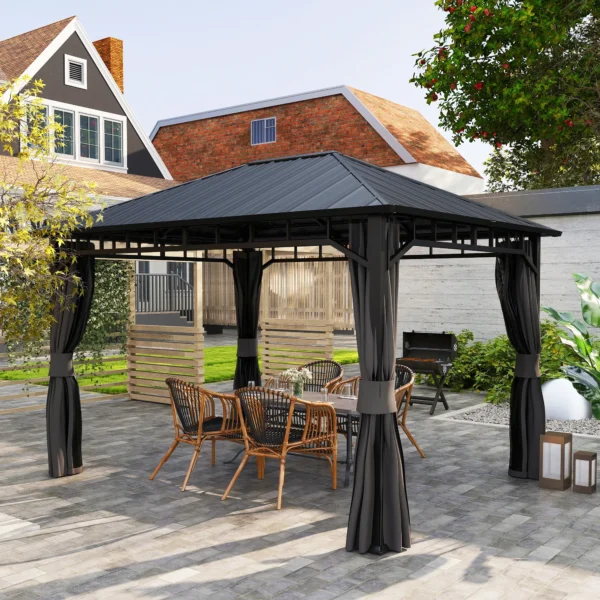 Outsunny 10x13 Hardtop Gazebo with Galvanised Steel Roof and Water Gutter - Dark Grey - Image 6