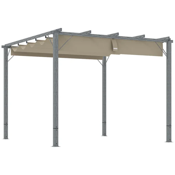 OutSunny 10’x10′ Metal Retractable Roof Pergola - Grey Woodlook