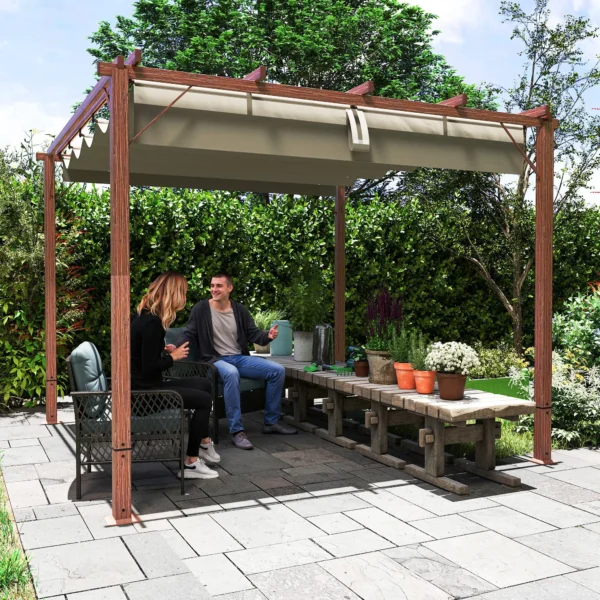 OutSunny 10’x10′ Metal Retractable Roof Pergola - Woodlook - Image 7