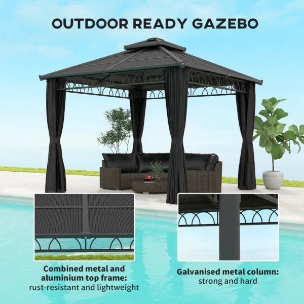 OutSunny 10'x10′ Hardtop Metal Gazebo Canopy with Galvanised Steel Frame - Dark Grey - Image 6