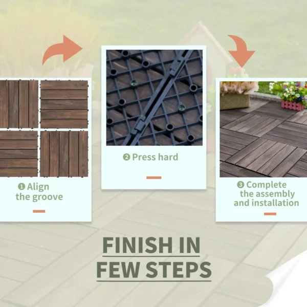 Outsunny Solid Wood Interlocking Decking Tiles  Pack of 27 Dark Brown/Black - Image 6