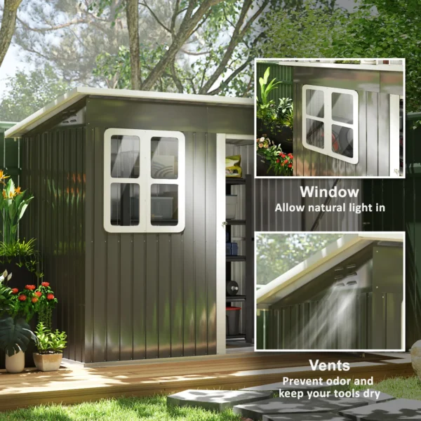 Outsunny 7ft x 4ft Metal Pent Garden Shed with Foundation Grid - Dark Grey - Image 4