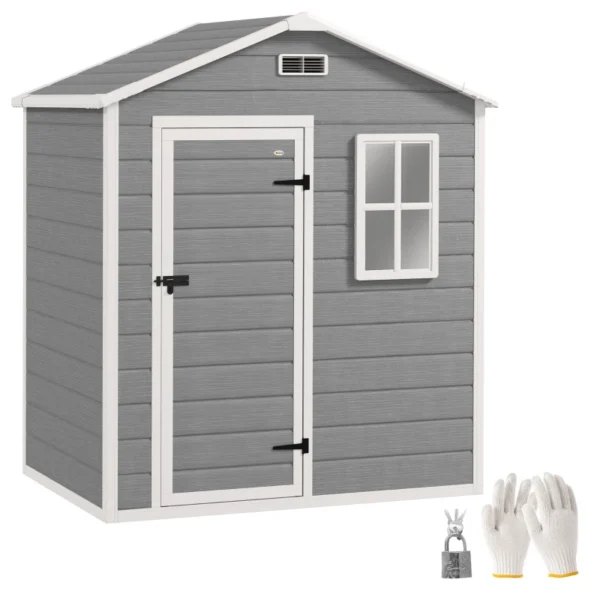 Outsunny 6'x4' Plastic Garden Storage Shed with Window - Grey - Image 9