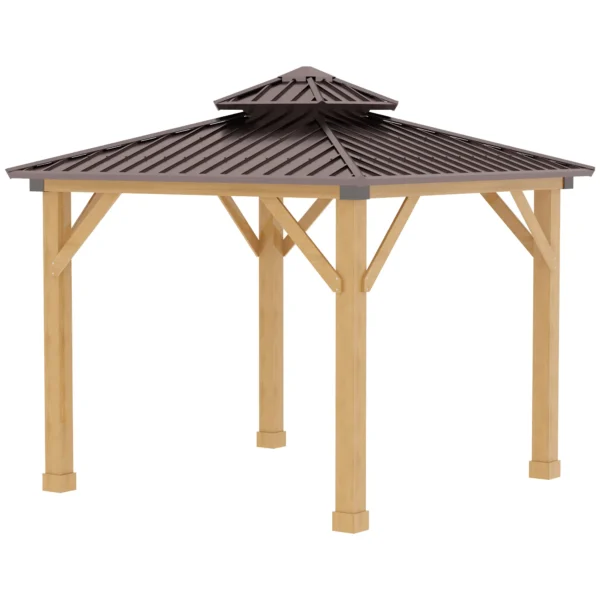 OutSunny 10'x10′ Hardtop Gazebo Canopy with 2-Tier Roof & Solid Wood Frame - Brown