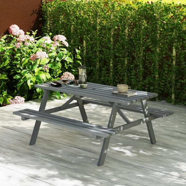 Outsunny 4 Seater Wooden Rectangular Picnic Table - Grey - Image 9