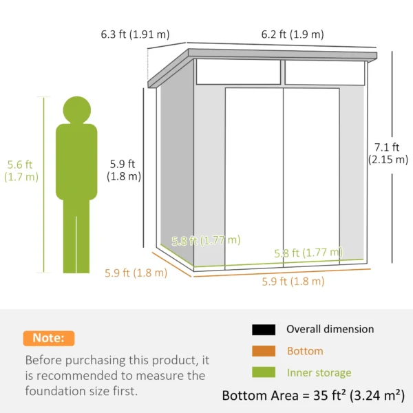 Outsunny 6x6 Plastic Pent Shed with Skylight - Light Grey - Image 10