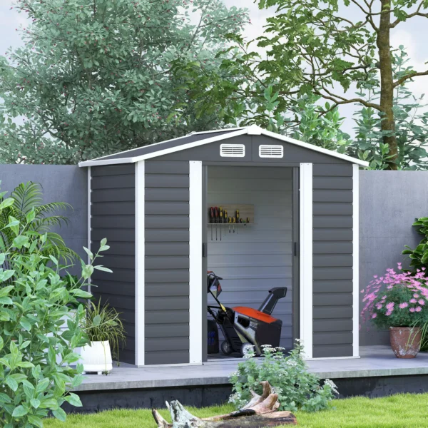 Outsunny 7ft x 4ft Metal Garden Shed with Foundation Grid - Dark Grey - Image 11