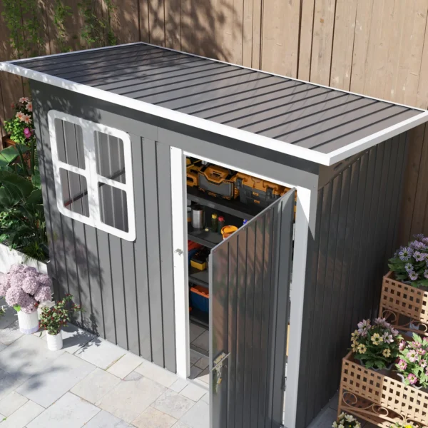 Outsunny 7ft x 4ft Metal Pent Garden Shed with Foundation Grid - Dark Grey - Image 2