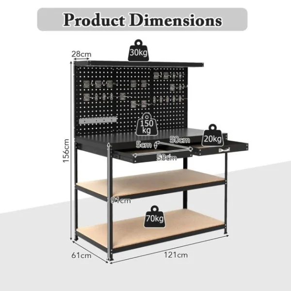 ProTect Multipurpose Garage Workbench with 3 Piece Pegboard and Drawer - Black - Image 2