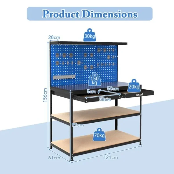 ProTect Multipurpose Garage Workbench with 3 Piece Pegboard and Drawer - Navy/Black - Image 2