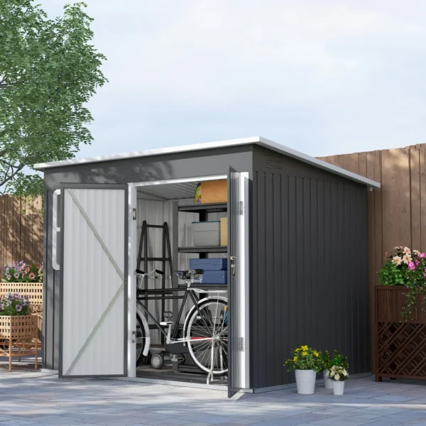 Outsunny 8.5ft x 6ft Metal Pent Garden Shed with Foundation Grid - Dark Grey - Image 10