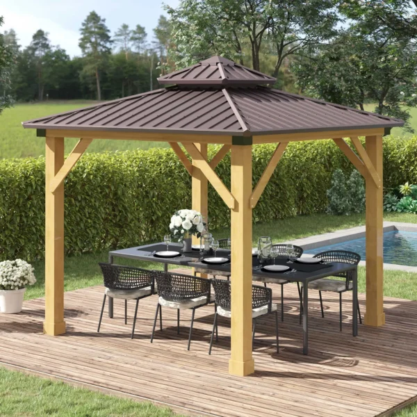 OutSunny 10'x10′ Hardtop Gazebo Canopy with 2-Tier Roof & Solid Wood Frame - Brown - Image 12