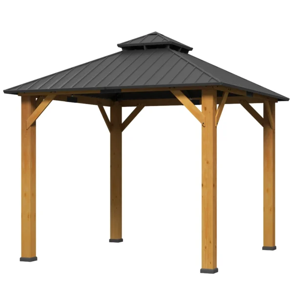 OutSunny 10'x10′ Hardtop Gazebo Canopy with 2-Tier Roof & Solid Wood Frame - Grey - Image 2