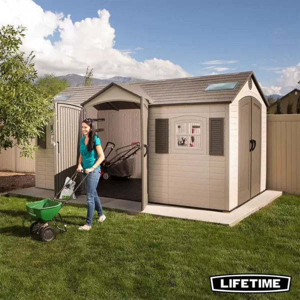 Lifetime 15×8 Heavy Duty Plastic Shed X60079 – Dual Entry Desert Sand