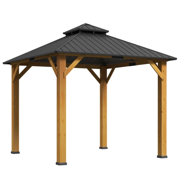 OutSunny 10'x10′ Hardtop Gazebo Canopy with 2-Tier Roof & Solid Wood Frame - Grey