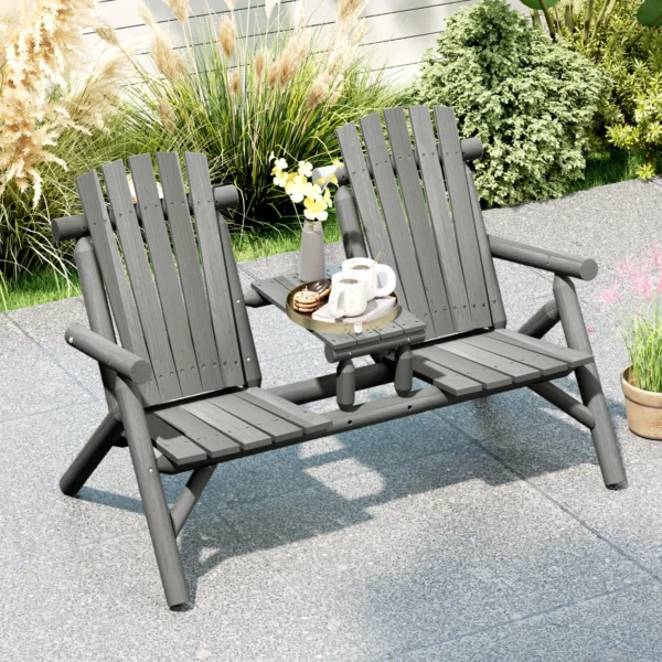 Outsunny Jack and Jill Timber Patio Chair Bench - Grey - Image 6