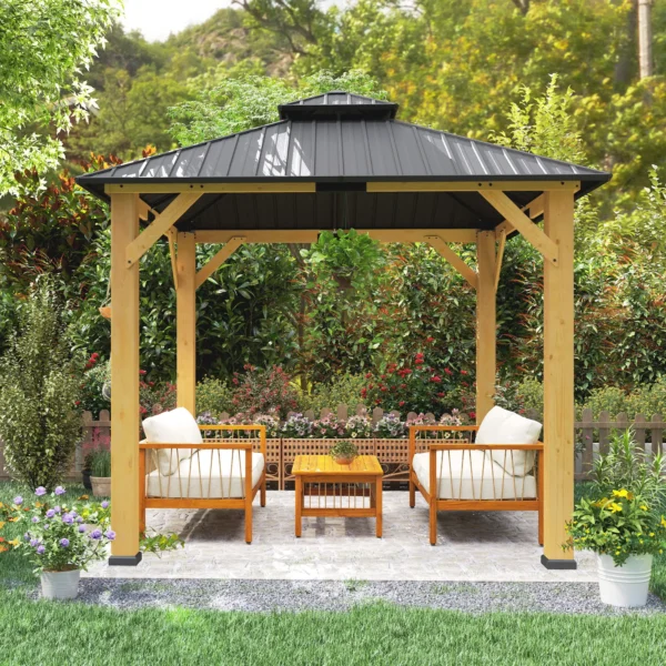 OutSunny 10'x10′ Hardtop Gazebo Canopy with 2-Tier Roof & Solid Wood Frame - Grey - Image 7