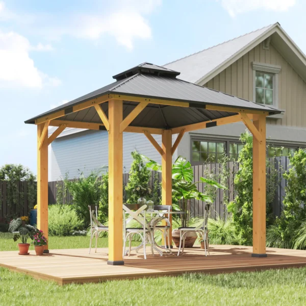 OutSunny 10'x10′ Hardtop Gazebo Canopy with 2-Tier Roof & Solid Wood Frame - Grey - Image 8