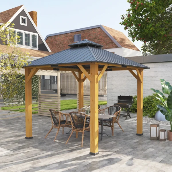 OutSunny 10'x10′ Hardtop Gazebo Canopy with 2-Tier Roof & Solid Wood Frame - Grey - Image 10