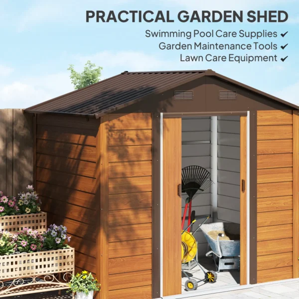 Outsunny 8ft x 6ft Metal Garden Shed - Wood Effect - Image 9