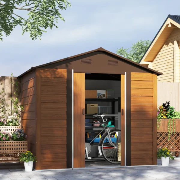 Outsunny 8ft x 6ft Metal Garden Shed - Wood Effect - Image 7