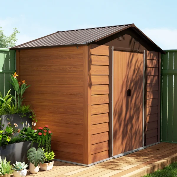 Outsunny 8ft x 6ft Metal Garden Shed - Wood Effect