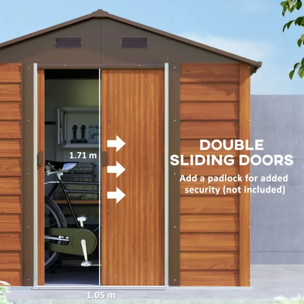 Outsunny 8ft x 6ft Metal Garden Shed - Wood Effect - Image 3